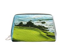 Beach Golf Course Print Leather Cosmetic Pouch, Leather Makeup Bag for Purse with Top Zip Closure Stylish Toiletry Bag