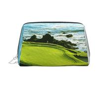 Beach Golf Course Print Leather Cosmetic Pouch, Leather Makeup Bag for Purse with Top Zip Closure Stylish Toiletry Bag