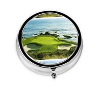 Beach Golf Course Print Pill Box Purse Small Round Pill Case Decorative Box Metal Medicine Vitamin Pill Organizer for Pocket Or Purse