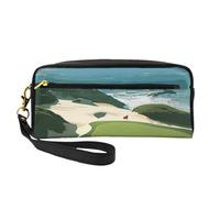 Beach Golf Course Printed Leather Makeup Bags with Wrist Strap Portable Travel Toiletry Bag Cosmetic Organizer Bag for Women