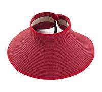 Beach Hats for Women Packable, Folding Straw Sun Hat with Wide Brim and Ponytail for UV Protection and Summer Travel SM01, Red, One Size