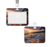 Beach Hawaii Sunset Sea Waves Clouds Id Badge Holder with Lanyard Waterproof Key Card Holder Case Id Card Protector with Clear Id Window Name Tags for Women Men Work Office Doctor Nurse