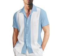 Beach Hawaiian Shirts for Men Button Down Short Sleeve Tropical Caribbean Shirt Summer Hawaiian Palm Tree Casual Mexico Striped Funny Bowling Classic Cruise Party Golf Flamingo Cuban Light Blue