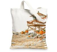 Beach House Canvas Tote Bags, Rustic Coastal Design Reusable Shopping Bags, Lightweight Washable Eco-Friendly Canvas Bags f, White, 13x15 Inch