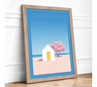 Beach House in Bloom Minimalist Framed Wall Art Print A2 (59.4×42cm) Oak, Wall Decor for Living Room, Bedroom, Office & Home, Ready to Hang, Art Gift