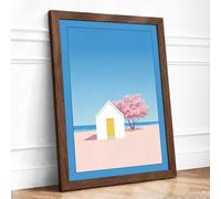 Beach House in Bloom Minimalist Framed Wall Art Print A2 (59.4×42cm) Walnut, Wall Decor for Living Room, Bedroom, Office & Home, Ready to Hang, Art Gift