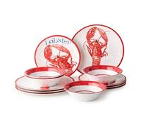 Beach House Lobster 12-Piece Melamine Dinnerware Set - Bold Coastal Charm, Service for 4, Durable, Lightweight, and Dishwasher-Safe