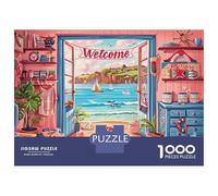 Beach Hut 1000pc Jigsaw with Perfect Snap Fit Colourful Jigsaws Welcome Beach for An After-school Puzzle Activity for Children And Parents 52x38cm/1000pcs