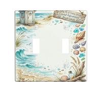 Beach Hut Bathroom Double Light Switch Cover Plate, Coastal Natural Seashell Waves Summer Blue Plastic Standard Size Toggle Light Switch Cover for Living Room Bedroom Home Office Decor