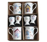 Beach Hut Bone China Mugs with Matching Egg Cups - Set of 4 Gift Boxed 10oz China Mugs & 4 eggcups Each Decorated with Colourful Beach Huts on Each