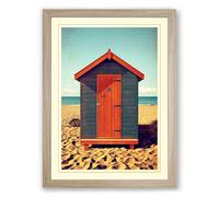 Beach Hut by the Sea Coastal Framed Wall Art Print A4 (29.7×21cm) Oak, Wall Decor for Living Room, Bedroom, Office & Home, Ready to Hang, Art Gift