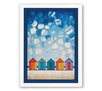 Beach Huts and Falling Cubes Coastal Framed Wall Art Print A4 (29.7×21cm) White, Wall Decor for Living Room, Bedroom, Office & Home, Ready to Hang, Art Gift