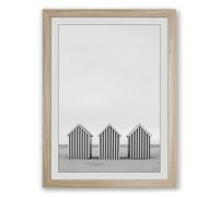 Beach Huts at Rest Minimalist Framed Wall Art Print A4 (29.7×21cm) Oak, Wall Decor for Living Room, Bedroom, Office & Home, Ready to Hang, Art Gift