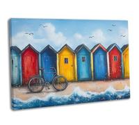 Beach Huts Canvas Wall Art Print Colourful Painting Seaside Costal Picture HomeDecor Nautical Theme (10x16 Inch / 25x40cm)
