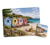 Beach Huts Cork Backed Placemats and Coasters Set of 4 | Heat Resistant & Wipe Clean Table Mats |Dining Placement Decor | 29 x 21.5 cm Placemats & 10.5 x 10.5 cm Coasters