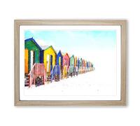 Beach Huts In Cape Town Painting Modern Art Framed Print | A4 Oak Framed Wall Art | Ready to Hang | Modern Beach Picture | Living Room Bedroom Lounge Office