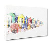 Beach Huts In Cape Town Watercolour Canvas Print | Gallery Wrapped 30mm Frame Wall Art | 30x20 inches | Ready to Hang | Coastal Seascape Picture | Living Room Bedroom Lounge Office