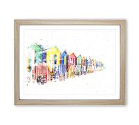 Beach Huts In Cape Town Watercolour Modern Framed Print | A4 Oak Framed Wall Art | Ready to Hang | Modern Beach Picture | Living Room Bedroom Lounge Office