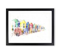 Beach Huts In Cape Town Watercolour Modern Framed Wall Art Print, Ready to Hang Picture for Living Room Bedroom Home Office Décor, Black A4 (34 x 25 cm)