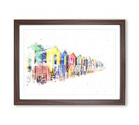 Beach Huts In Cape Town Watercolour Modern Framed Wall Art Print, Ready to Hang Picture for Living Room Bedroom Home Office Décor, Walnut A4 (34 x 25 cm)