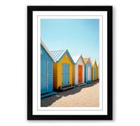 Beach Huts in Line Coastal Framed Wall Art Print A4 (29.7×21cm) Black, Wall Decor for Living Room, Bedroom, Office & Home, Ready to Hang, Art Gift