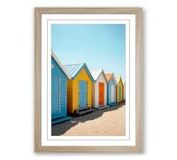 Beach Huts in Line Coastal Framed Wall Art Print A4 (29.7×21cm) Oak, Wall Decor for Living Room, Bedroom, Office & Home, Ready to Hang, Art Gift