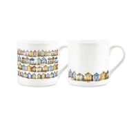 Beach Huts Mug Set - Coastal Beach Seaside Themed Gift Present - Bone China Tea/Coffee Cups Set of 2