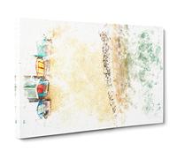 Beach Huts On Brighton Beach Watercolour Canvas Print | Gallery Wrapped 30mm Frame Wall Art | 30x20 inches | Ready to Hang | Coastal Seascape Picture | Living Room Bedroom Lounge Office