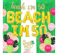 Beach I’m 50 Birthday Decorations, Summer Tropical Aloha 50th Birthday Party Supplies for Fifty Years Old Men or Women with Balloons Banner Cake Topper Fringe Curtain Leaf Props