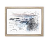 Beach In Yantai China Sketch Modern Art Framed Print | A2 Oak Framed Wall Art | Ready to Hang | Modern Beach Picture | Living Room Bedroom Lounge Office