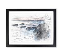 Beach In Yantai China Sketch Modern Art Framed Print | A3 Black Framed Wall Art | Ready to Hang | Modern Beach Picture | Living Room Bedroom Lounge Office