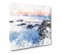 Beach in Yantai China Watercolour Canvas Print | Gallery Wrapped 30mm Frame Wall Art | 20x20 inches | Ready to Hang | Modern Seascape Picture | Living Room Bedroom Lounge Office