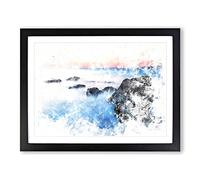 Beach In Yantai China Watercolour Modern Framed Wall Art Print, Ready to Hang Picture for Living Room Bedroom Home Office Décor, Black A4 (34 x 25 cm)