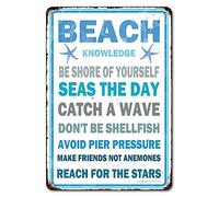 Beach Inspired Vintage Tin Sign Wall Decor, Beach Knowledge Be Shore of Yourself Seas The Day Catch A Wave Funny Quote Metal Retro Plaque for Home House Cafe Bar Garage Outdoors 8x12 Inch