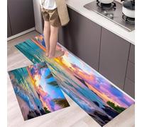 Beach Island Kitchen Rugs Non Skid Washable Mats Set of 2 PCS, Tropical Sunset Absorbent Runner Rugs for Kitchen, Front of Sink,Sink Laundry, 50x80cm+50x150cm Blue