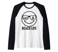 Beach Life Happy Face Sunglasses Surf Island Ocean Design Raglan Baseball Tee