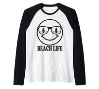 Beach Life Happy Face Surfer Sunglasses Ocean Waves Raglan Baseball Tee