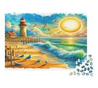 Beach Lighthouse 1000 Pieces Puzzle Coastal Seagulls Brain Exercise Cognitive Skills Premium Cardboard for Teens 52x38cm/1000pcs