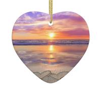 Beach Love Christmas Ceramic Heart Ornament,Double-Sided Printed White Porcelain Hanging Decoration With Gold String For Xmas Tree,Home,Shop,Holiday Decor