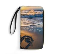 Beach Love Sunset Long Wallet PU Leather Credit Card Holder Money Clip Purse with Hand Strap
