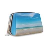 Beach, Makeup Bag Cosmetic Bag,Beach and Tropical Sea 2,Leather Organizer Make Up Bag Reusable Toiletry Bag,Blue Yellow,M