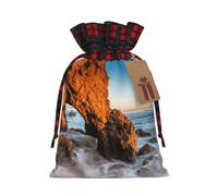 Beach Malibu Print Christmas Drawstring Linen Gift Bags Reusable Fabric Bags With Tags For Christmas Gifts