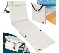 DETEX® Folding Beach Lounger With Adjustable Backrest | Lightly Padded Foldable Sun Bed With Side Pocket | Cushion Shoulder Strap | Weatherproof Beach Mat Lounger Beige