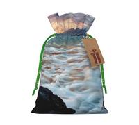 (Beach Maui Hawaii Sunset Clouds) Printed Christmas S Size Gift Bags with Green Ribbon Drawstring Candy Bags for Kids Xmas Holiday Christmas Eve Presents
