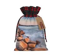 (Beach Maui Hawaii Sunset Sea Waves Clouds) Drawstring Gift Bags with Tag Plaid Candy Bags for Holiday Christmas Party Supplies M