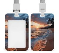 Beach Maui Hawaii Sunset Sea Waves Clouds ID Badge Holder Waterproof Card Protector Push-Pull Slot Work ID Card Holder with Lanyard Personalized Detachable Card Holders for Office Corporate Use