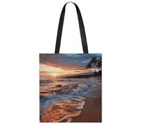Beach Maui Hawaii Sunset Sea Waves Clouds Polyester Tote Bag, Lightweight Reusable Shoulder Carryall, Spacious Multi-Purpose Durable Open-Top Shopping Bag for Work Travel Gym Grocery Errands Daily Use