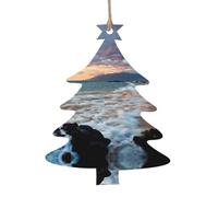 Beach Maui Hawaii Sunset Sea Waves Clouds Print 6pcs Christmas Tree Hanging Decor, Wooden Angel Bell Tree Snowman Shapes For Xmas Setup