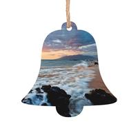 Beach Maui Hawaii Sunset Sea Waves Clouds Print 6pcs Christmas Tree Hanging Decor, Wooden Angel Bell Tree Snowman Shapes For Xmas Setup