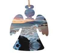 Beach Maui Hawaii Sunset Sea Waves Clouds Print 6pcs Christmas Tree Hanging Decor, Wooden Angel Bell Tree Snowman Shapes For Xmas Setup